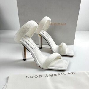 Good American Terry Towel Heeled Sandals White Square Toe Stiletto Size 9